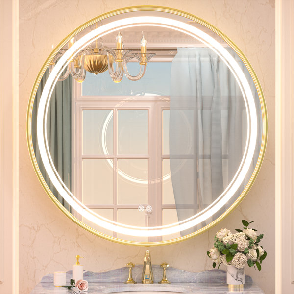 Latitude Run® Lawnmount Round Vanity Mirror LED Lighted Metal Wall ...